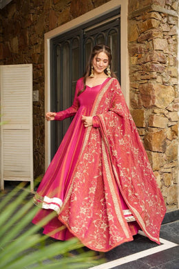Rani Silk Anarkali Set with Palazzo & Embroidered Dupatta
