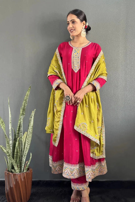 Rani Pink Silk Anarkali with Plazo & Mustard Dupatta
