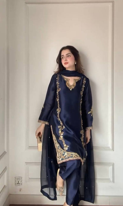 Azure Moti Hand Work Crep Silk Farshi Salwar