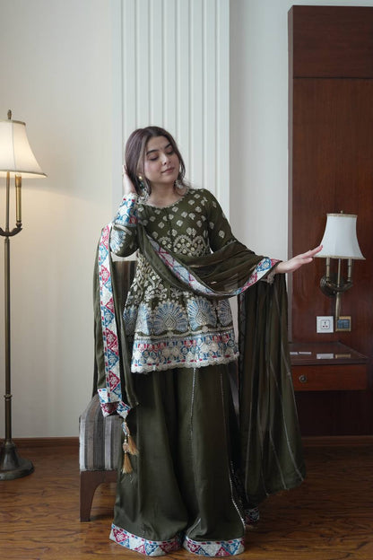 Elegant Olive Green Chinon Embroidered Suit Set