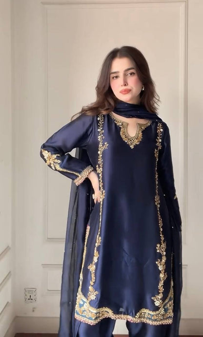 Azure Moti Hand Work Crep Silk Farshi Salwar