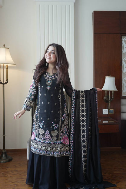 Midnight Black Chinon Sharara Suit Set