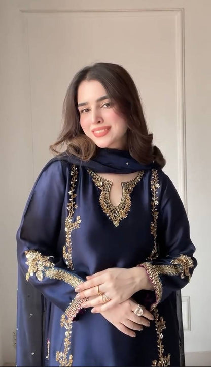 Azure Moti Hand Work Crep Silk Farshi Salwar