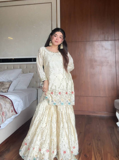 Samaira Hand Embroidered Sharara Suit with Sky Blue Dupatta