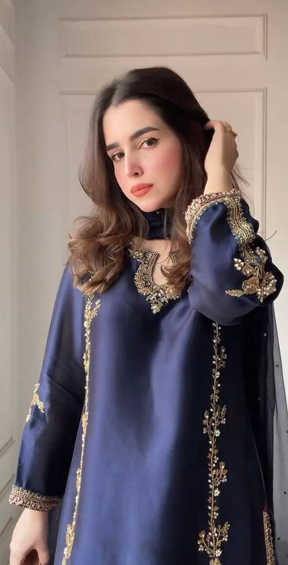 Azure Moti Hand Work Crep Silk Farshi Salwar