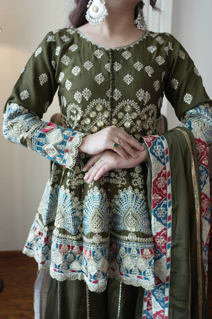 Elegant Olive Green Chinon Embroidered Suit Set